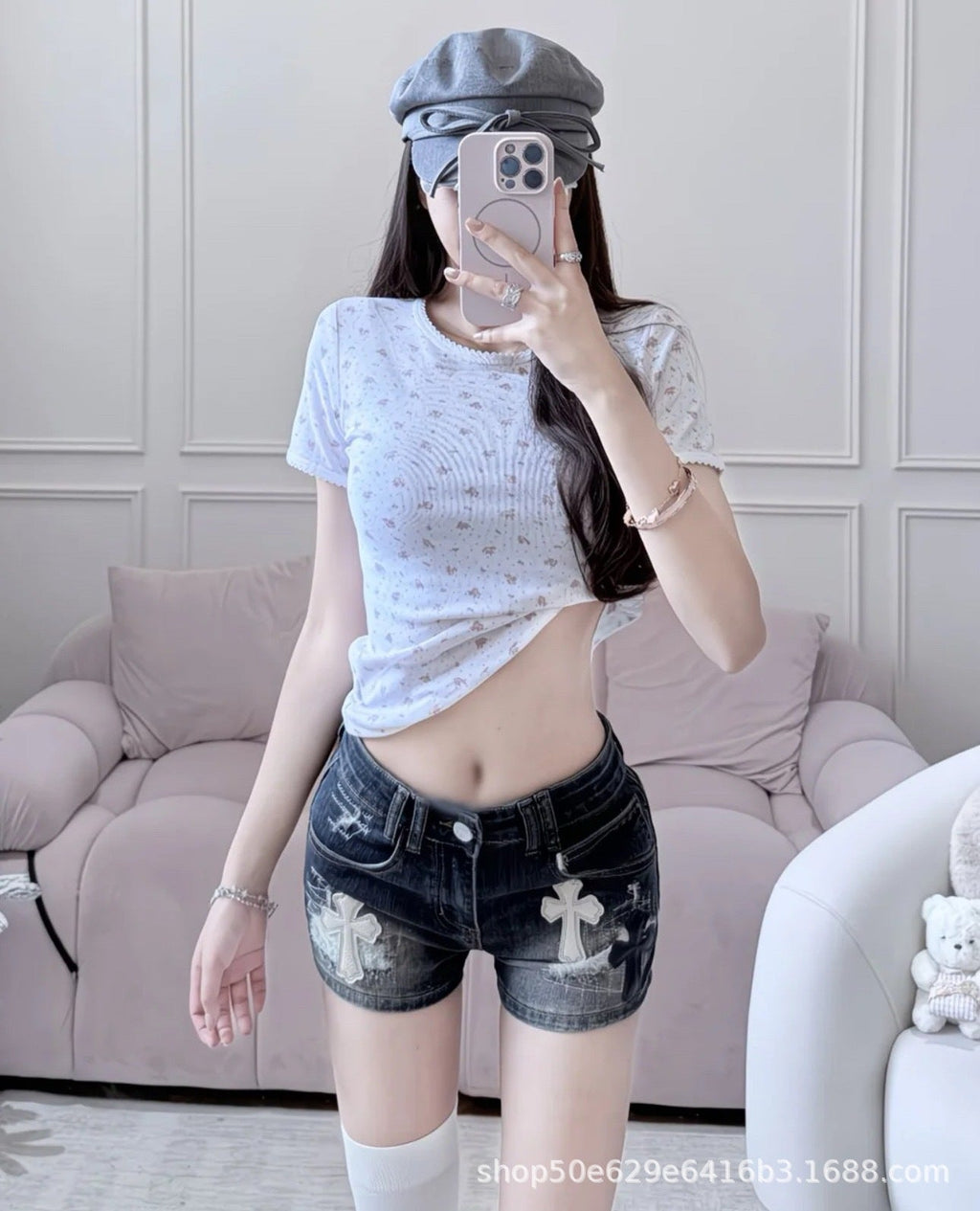 Chrome Hearts High waisted spicy girl style cross embroidered ripped denim shorts for women