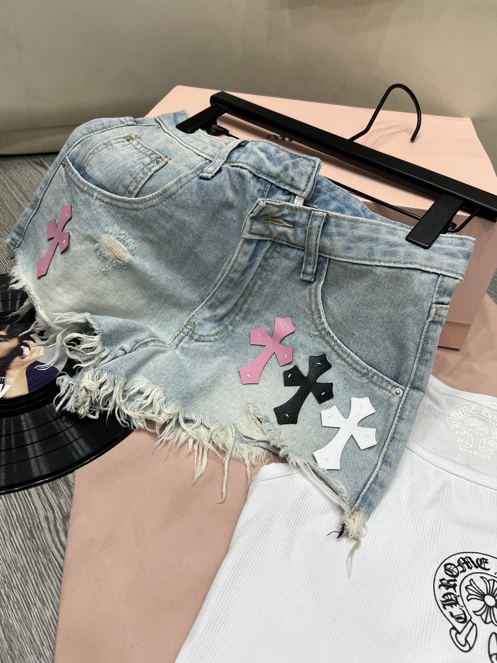Chrome Hearts Three color leather label fringed denim shorts for women