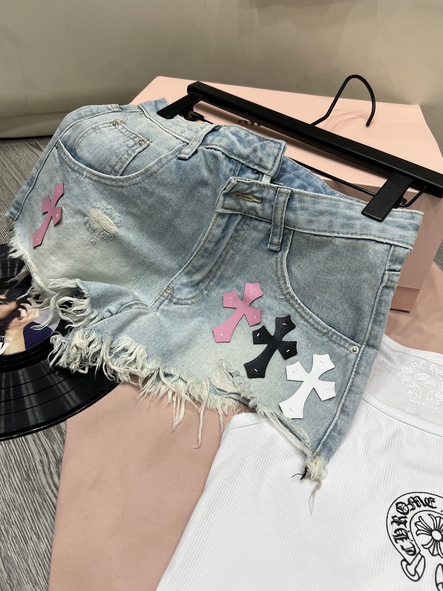 Chrome Hearts Three color leather label fringed denim shorts for women