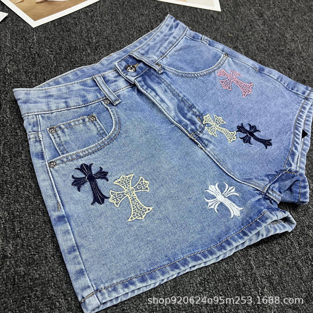 Chrome Hearts High Cross skinned fashionable wide leg denim shorts for women