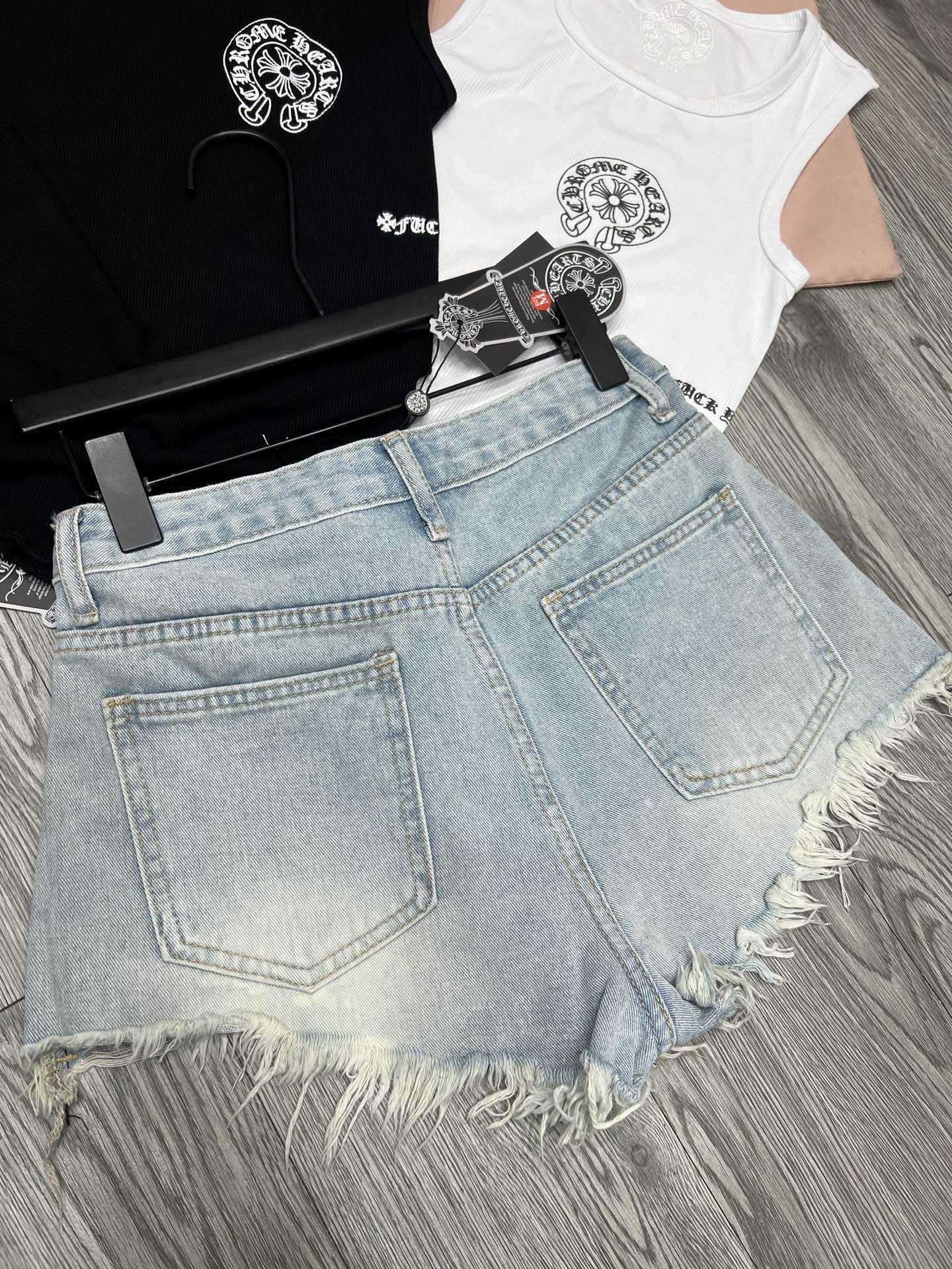 Chrome Hearts Three color leather label fringed denim shorts for women