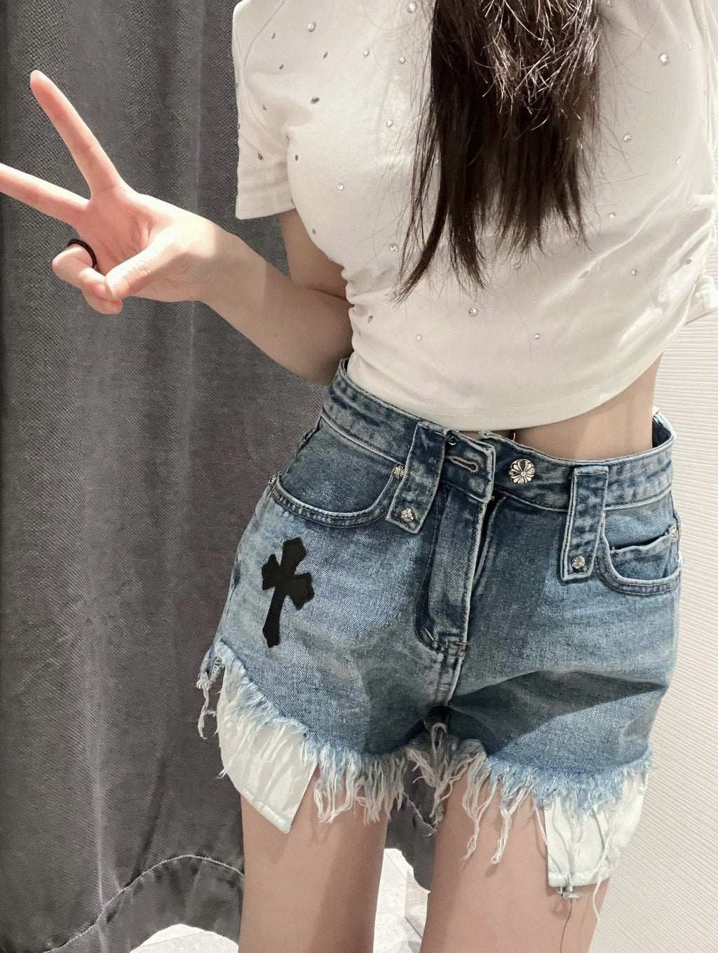 Chrome Hearts High waisted A-line fringed denim shorts sweet and cool slimming and hot pants for women
