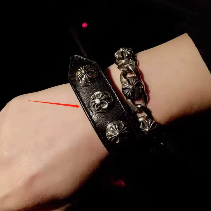 Chrome Hearts Cross Snap Leather Bracelet