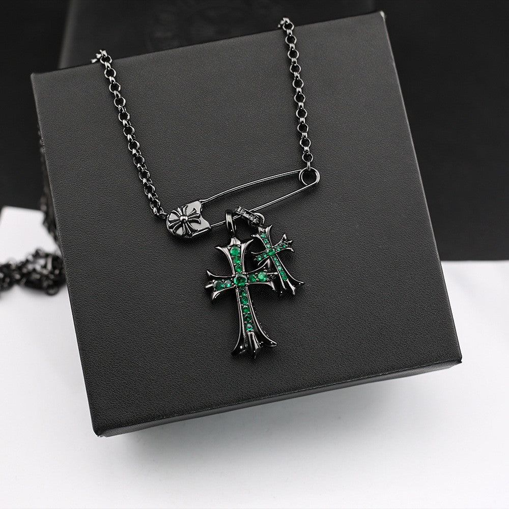 Chrome Hearts black green diamond double cross brooch necklace