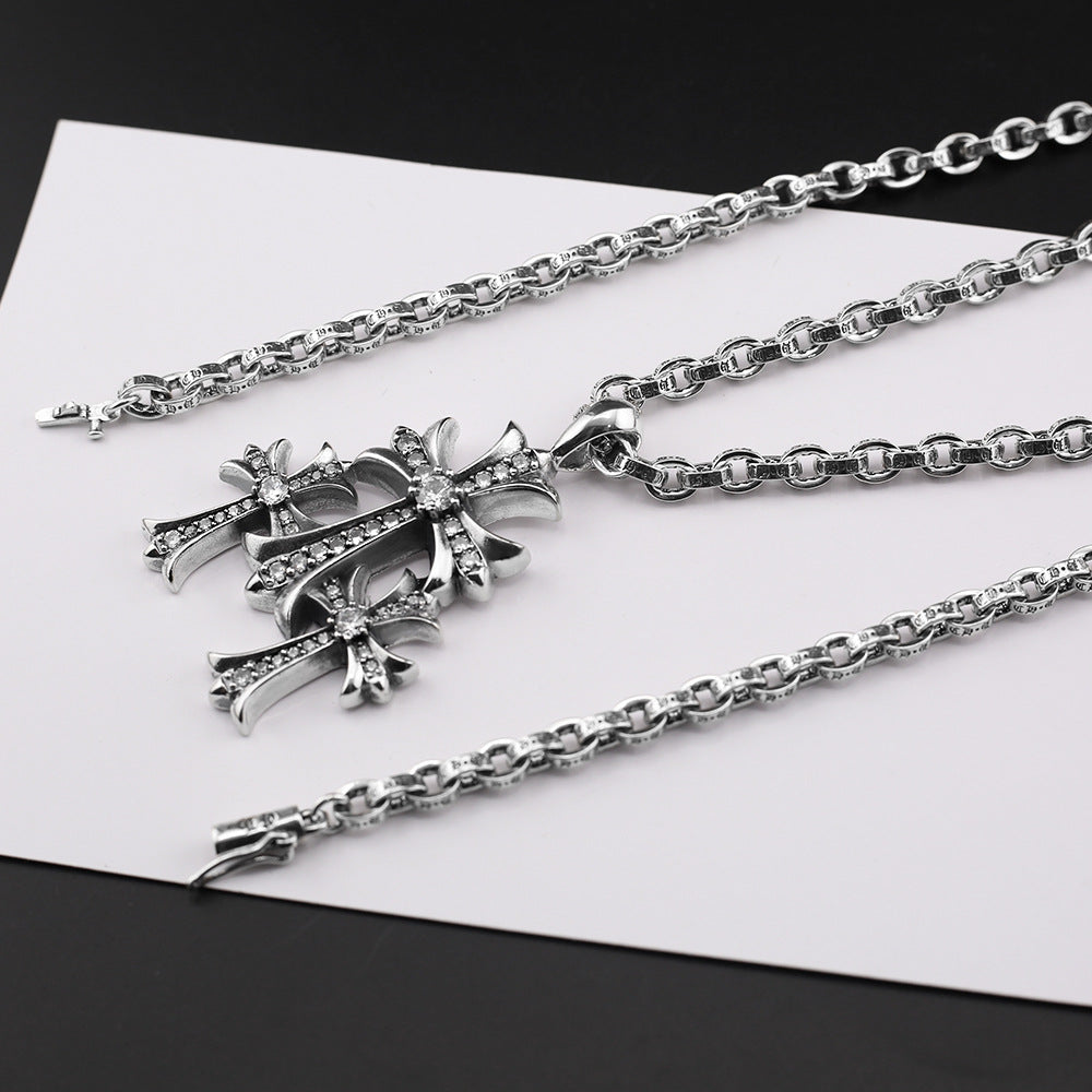 Chrome Hearts vintage diamond-studded three-cross bold letter chain necklace