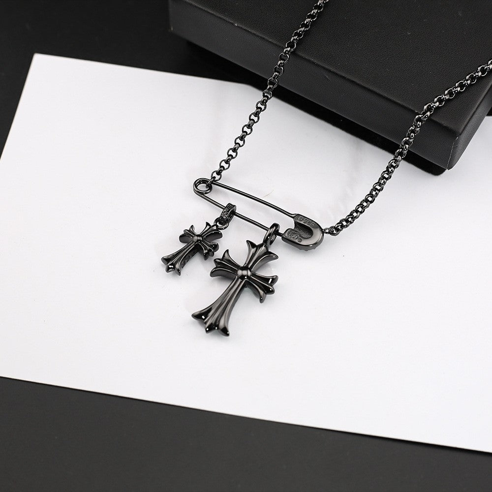 Chrome Hearts black green diamond double cross brooch necklace