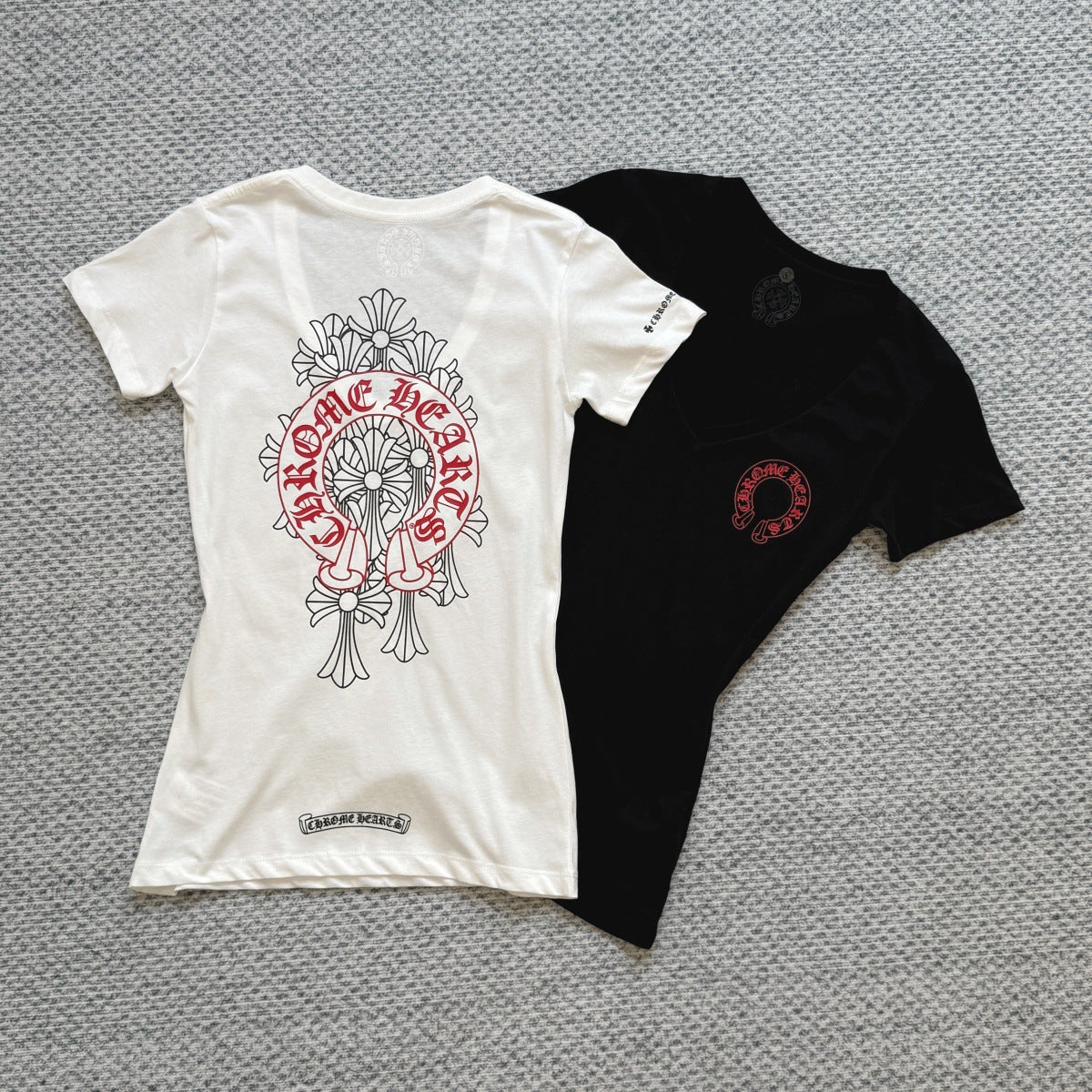 chrome hearts cross red horseshoe V-neck short-sleeved T-shirt For Women