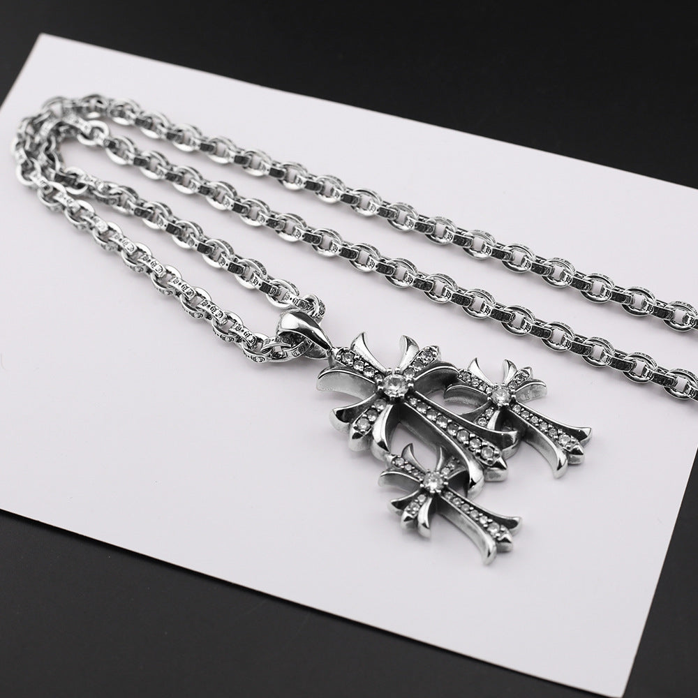 Chrome Hearts vintage diamond-studded three-cross bold letter chain necklace