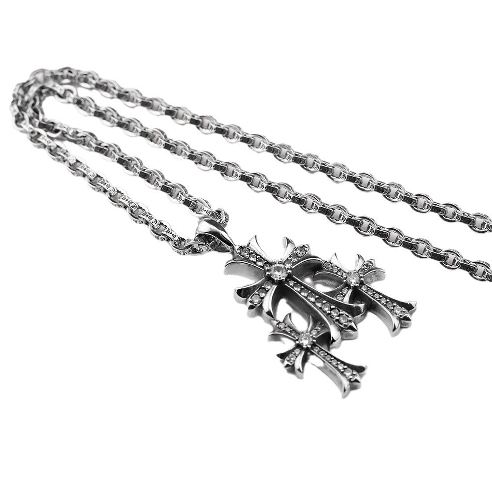 Chrome Hearts vintage diamond-studded three-cross bold letter chain necklace