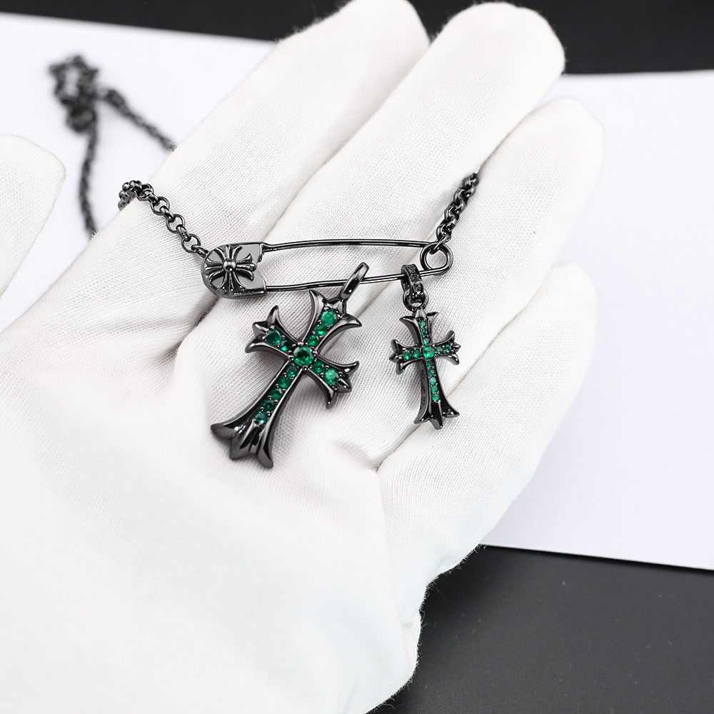Chrome Hearts black green diamond double cross brooch necklace