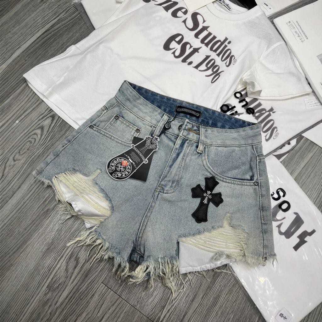 Chrome Hearts Three color leather label fringed denim shorts for women